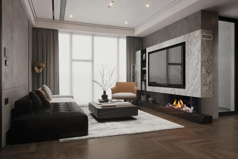 Napoleon Tall Bay Luxuria 62 gas fireplace set low beneath a marble media wall in a modern living room with a black leather sofa and herringbone floor