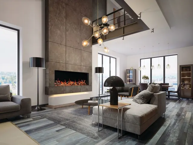 Napoleon Luminex 65 LCD electric fireplace installed single-sided in a tall stone-clad wall in a double-height living room