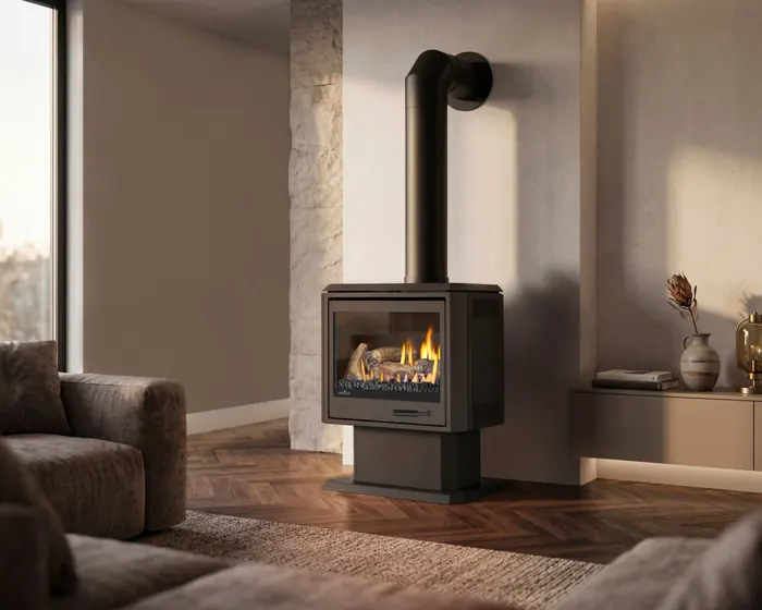 Napoleon freestanding gas stove on a pedestal base with a black flue pipe, in a warm living room with a herringbone floor